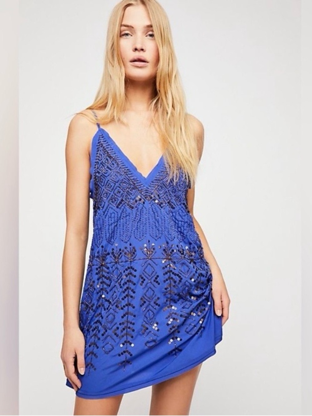 Free People Cobalt Blue Beaded V-Neck Mini Dress